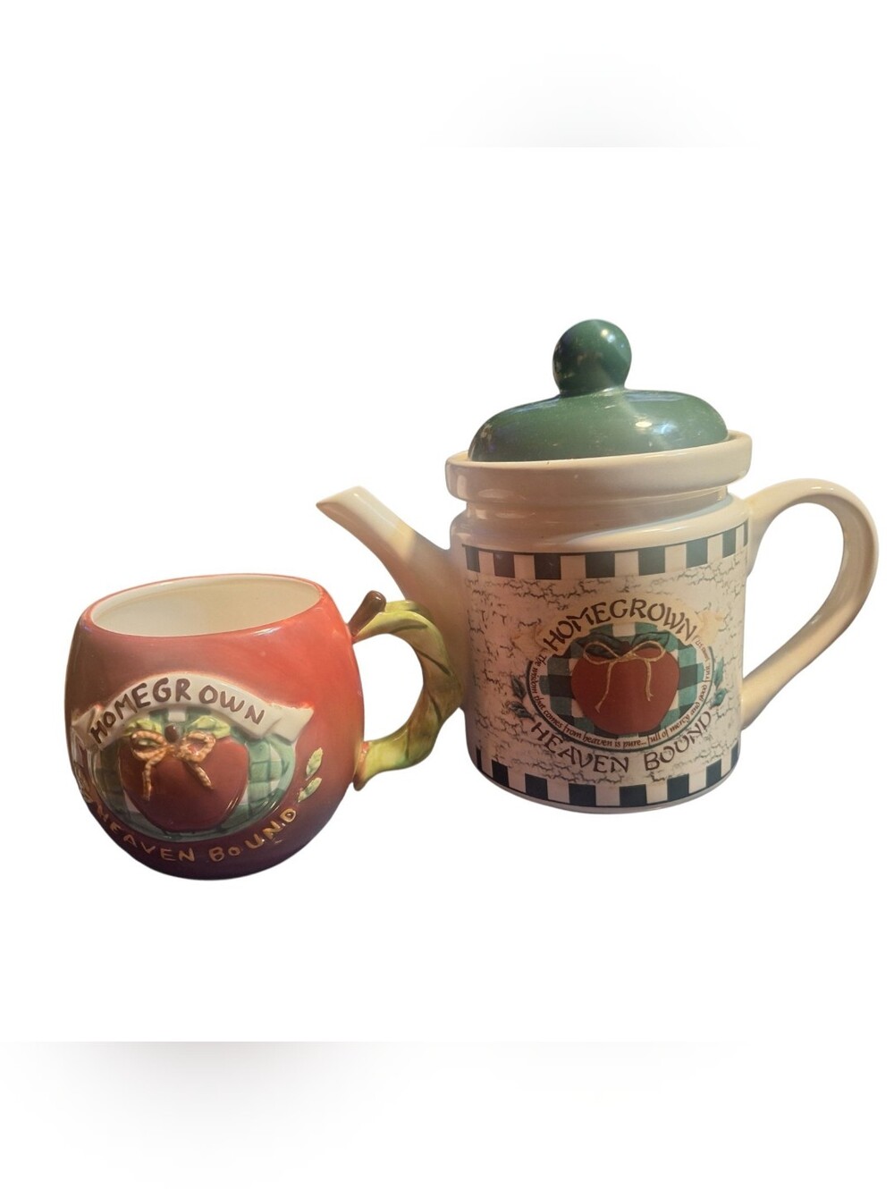 Vtg Family Choice Homegrown Heaven Bound Apple Teapot Mug Set Farmhouse Decor